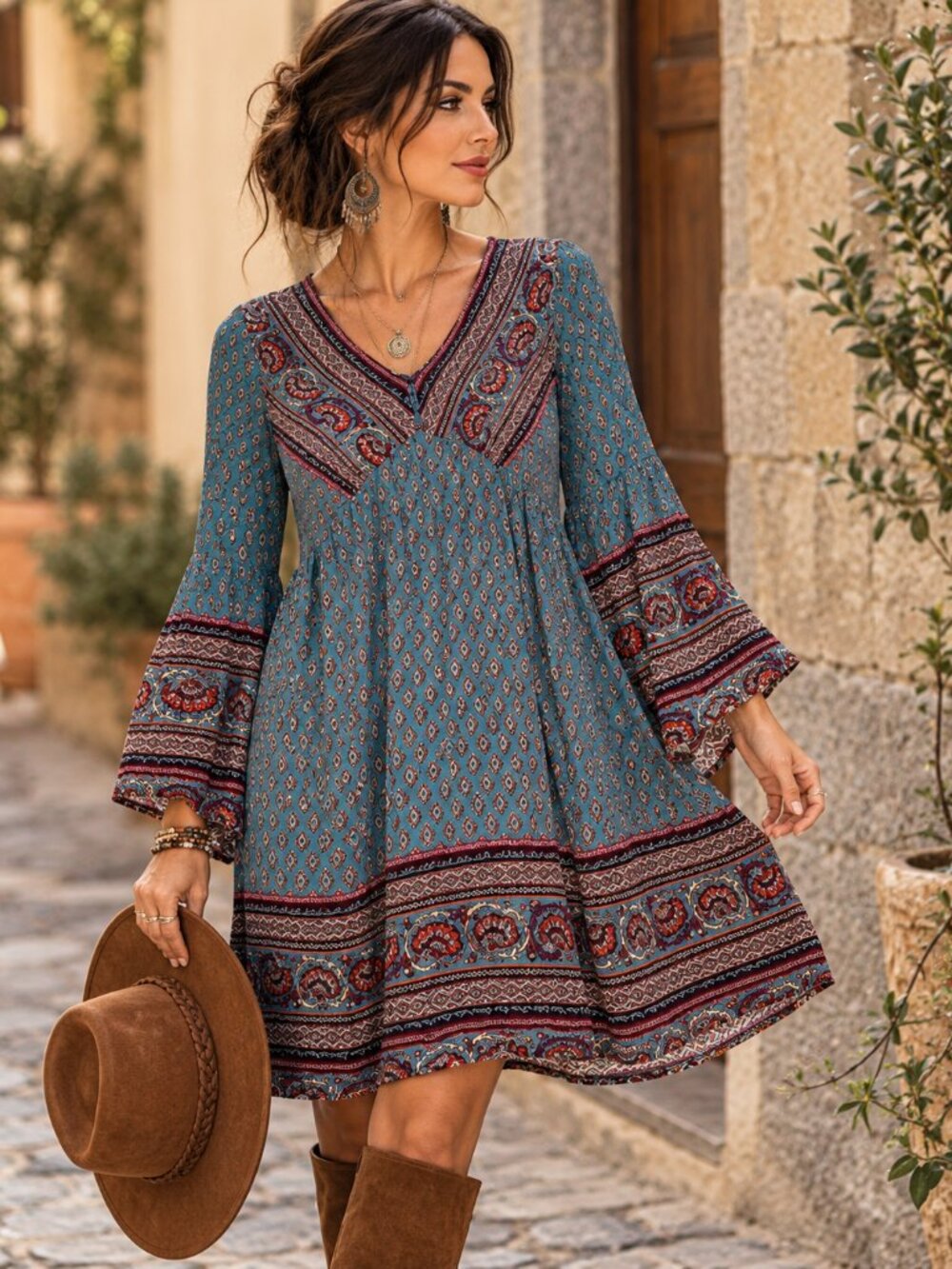 788 - Suzanne Betro XL Teal Boho Paisley Bell Sleeve Tunic Dress